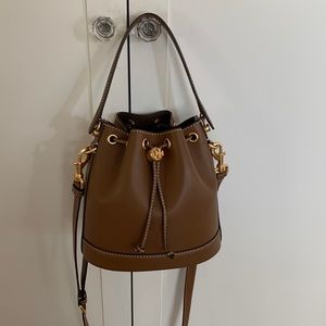 Tory Burch drawstring leather bucket bag with crossbody strap